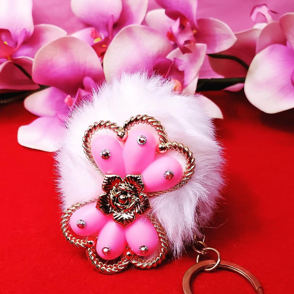 Fuzzy Pompoms with Pink Bow and Golden Flower Keychains