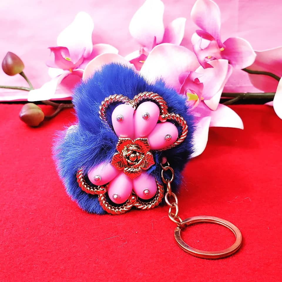 Fuzzy Pompoms with Pink Bow and Golden Flower Keychains