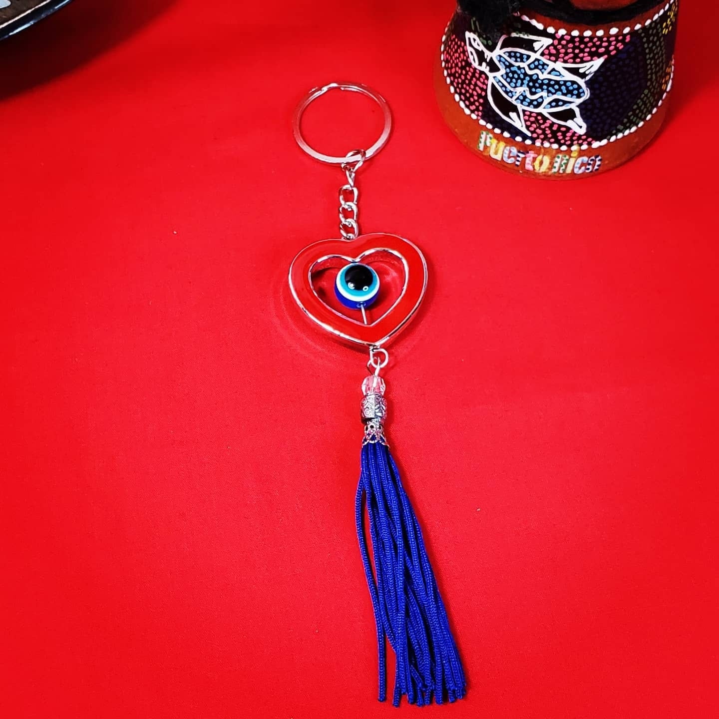 Evil Eye Heart with Blue Tassel Lucky Keychain