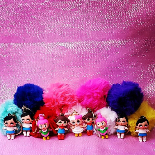 Cartoon Girls Fluffy Pompoms Keychains