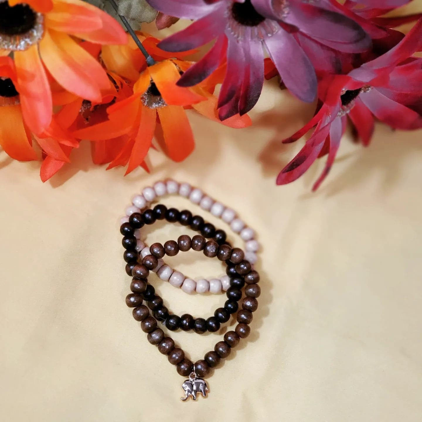 Stretchable Beaded Wooden set of 3 Bracelets