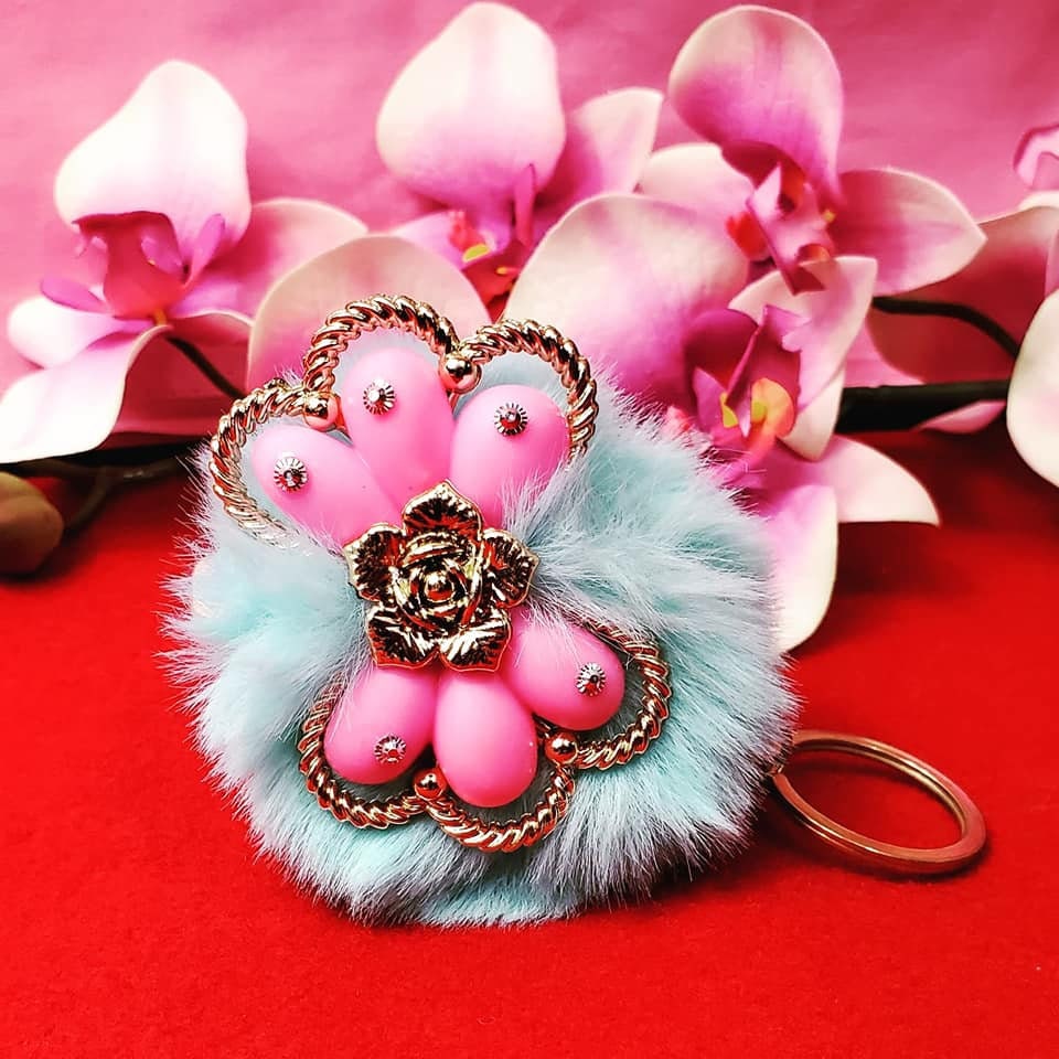 Fuzzy Pompoms with Pink Bow and Golden Flower Keychains