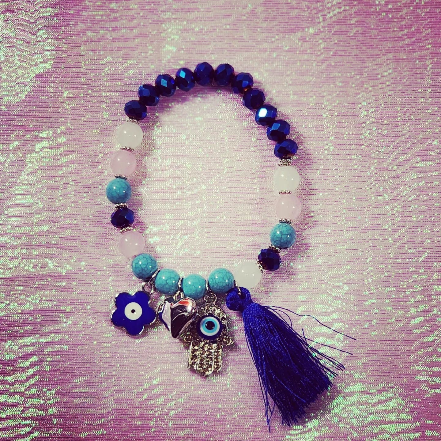 Hamsa Hand, heart,  Evil Eye Flower, Protection Beaded Stretchable with Tassels colorful Bracelets