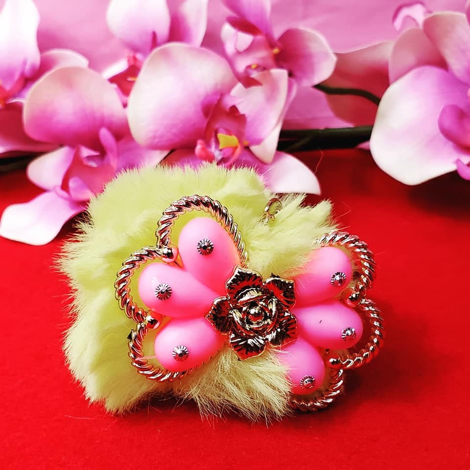 Fuzzy Pompoms with Pink Bow and Golden Flower Keychains