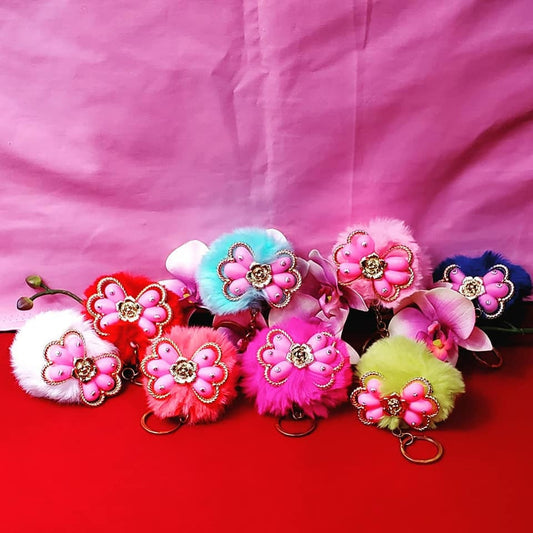 Fuzzy Pompoms with Pink Bow and Golden Flower Keychains