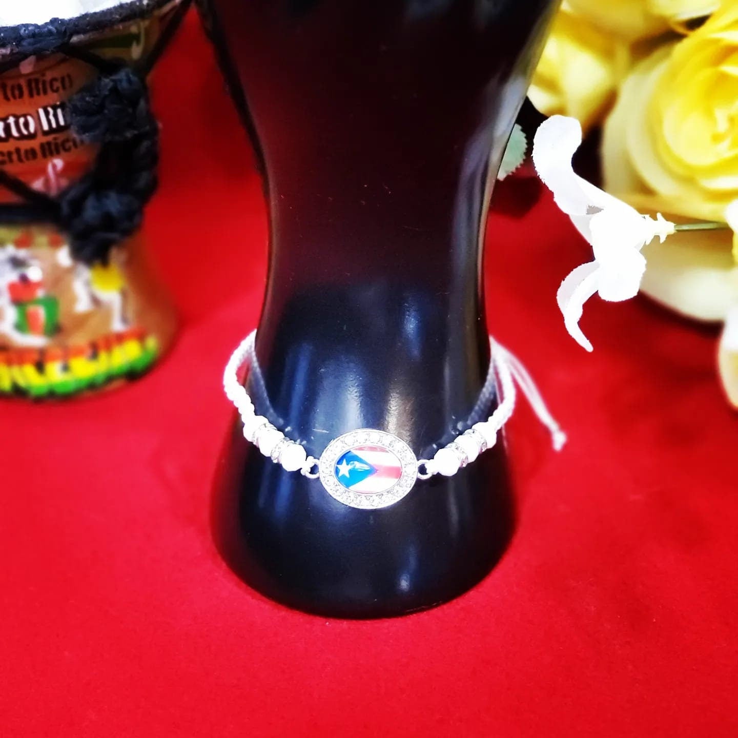 Adjustable Beaded Puerto Rico Flag with white stones Bracelets