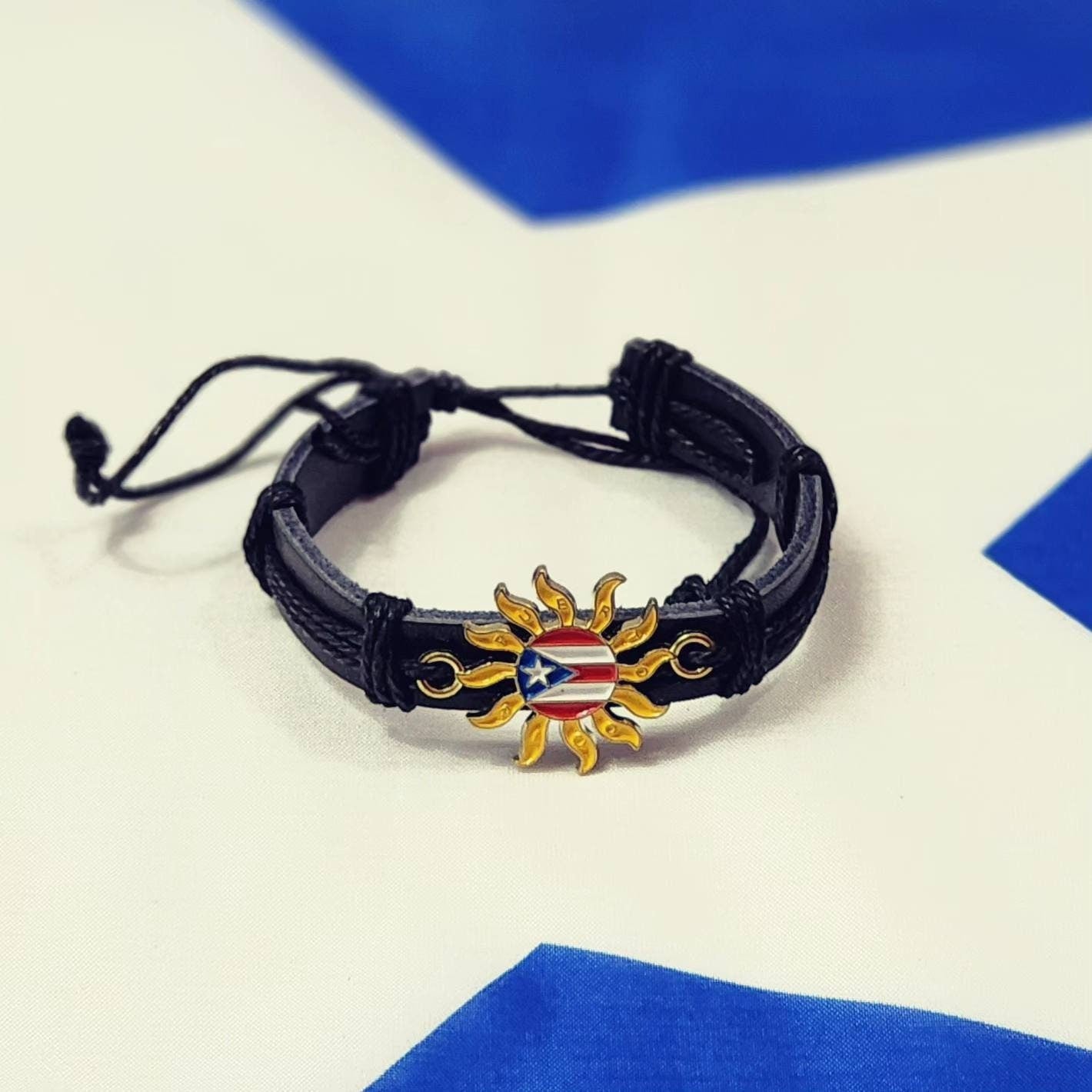 Puerto Rico Flag Leather Adjustable Bracelet