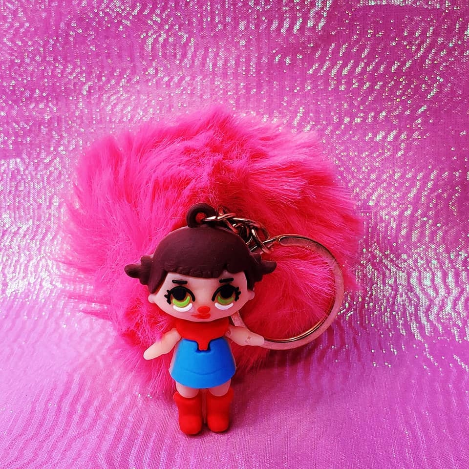 Cartoon Girls Fluffy Pompoms Keychains