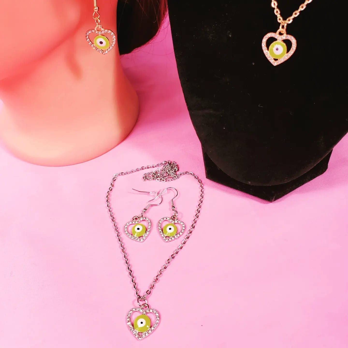 Set of Silver or Gold Evil Eye Heart Shape Necklace & Earrings!