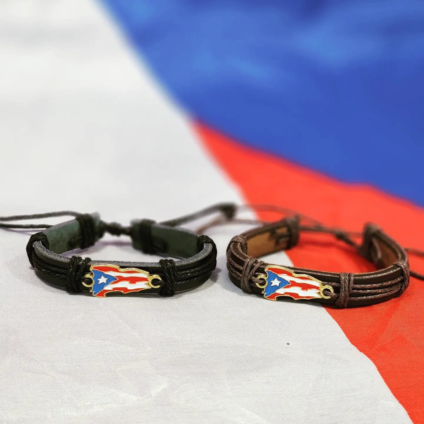 Puerto Rico Flag Leather Adjustable Bracelet