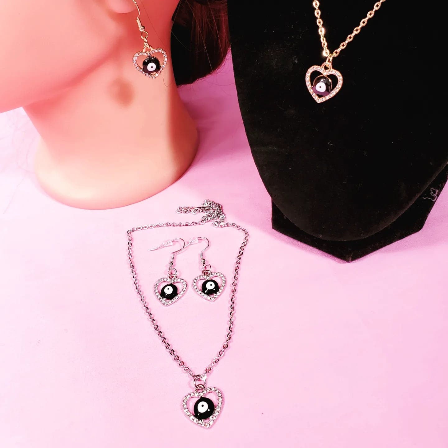 Set of Silver or Gold Evil Eye Heart Shape Necklace & Earrings!