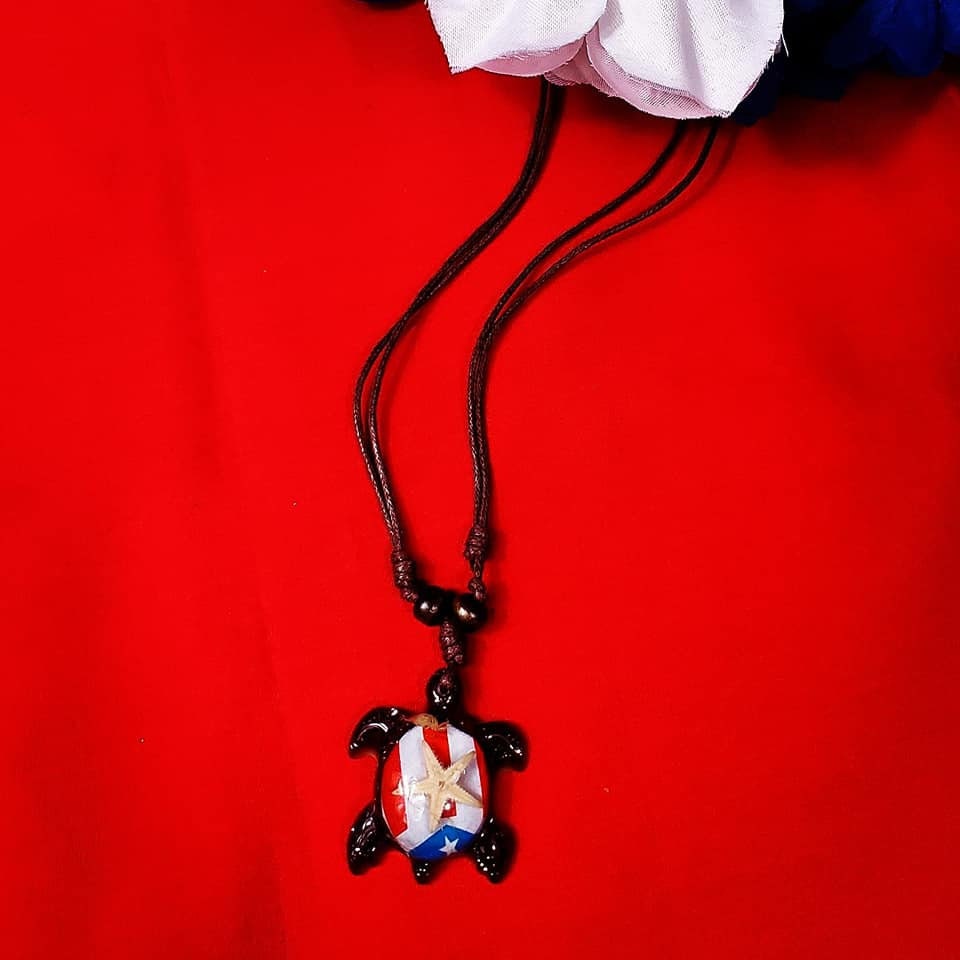 Turtle Necklace, Puerto Rico Flag with starfish and crab design.