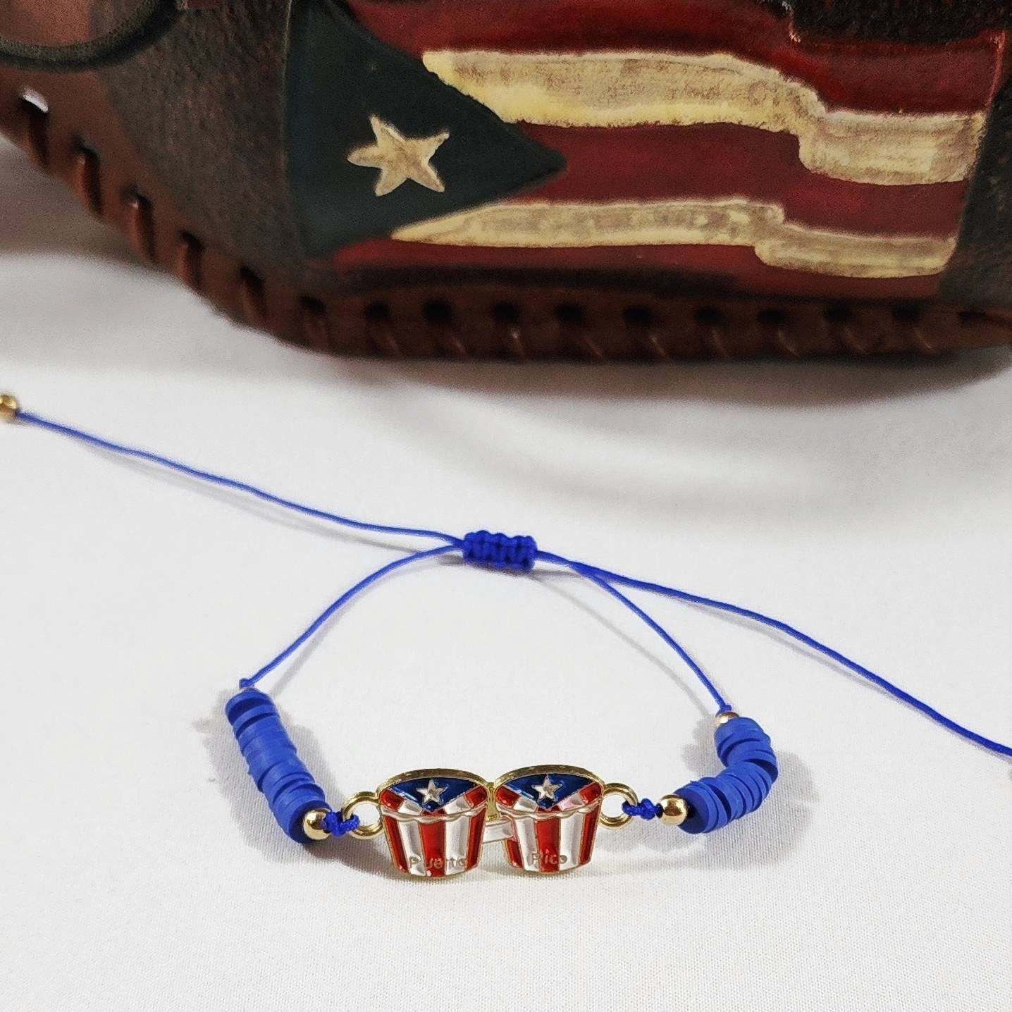 Puerto Rico Bongo Drum Flag Adjustable Beaded Bracelets