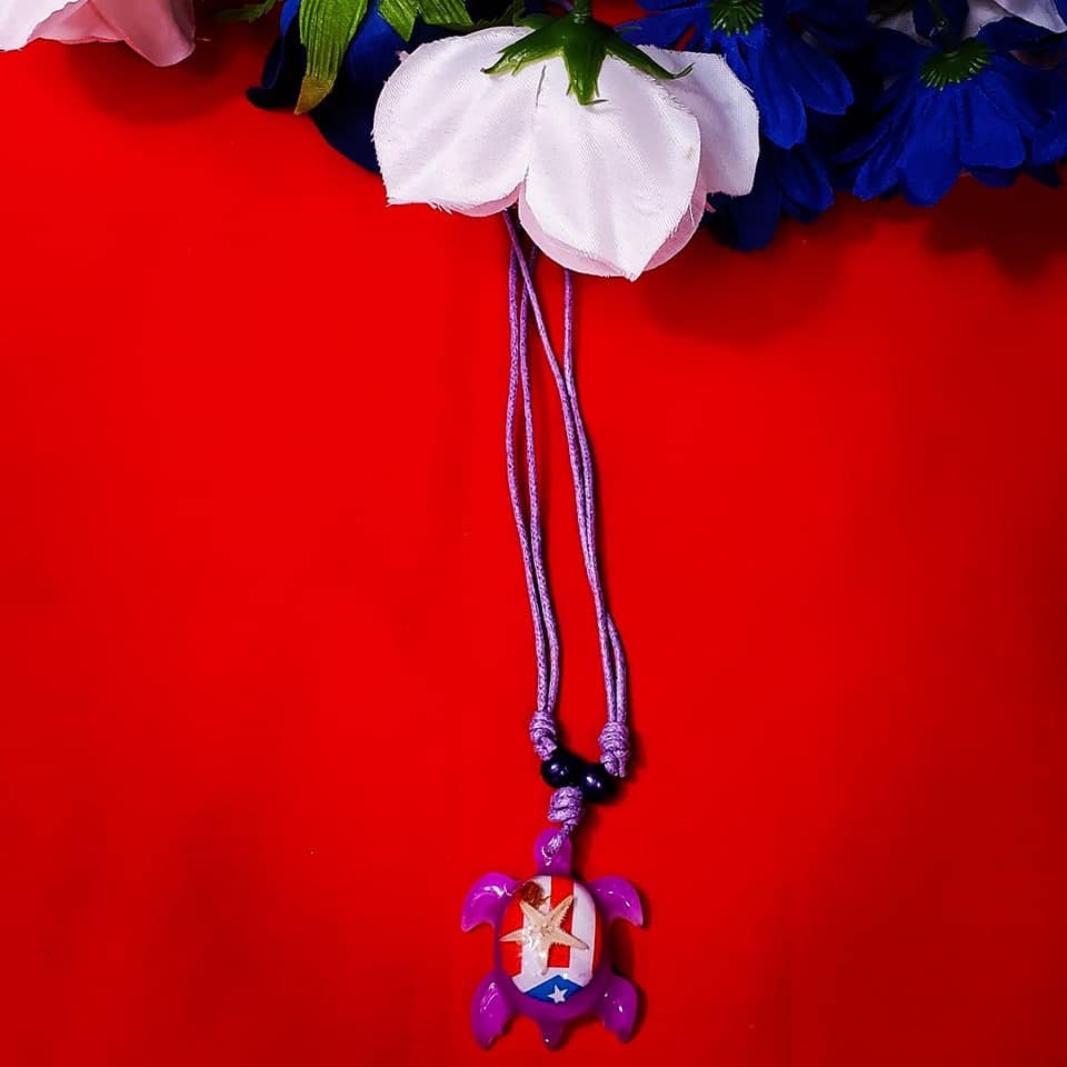 Turtle Necklace, Puerto Rico Flag with starfish and crab design.