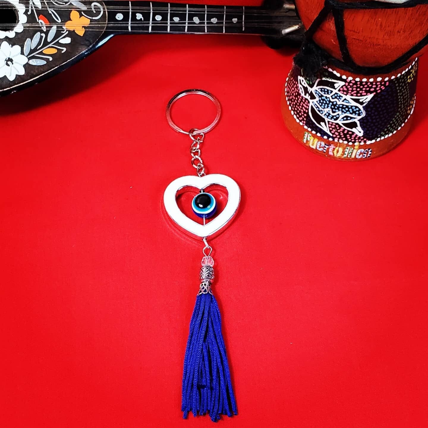 Evil Eye Heart with Blue Tassel Lucky Keychain