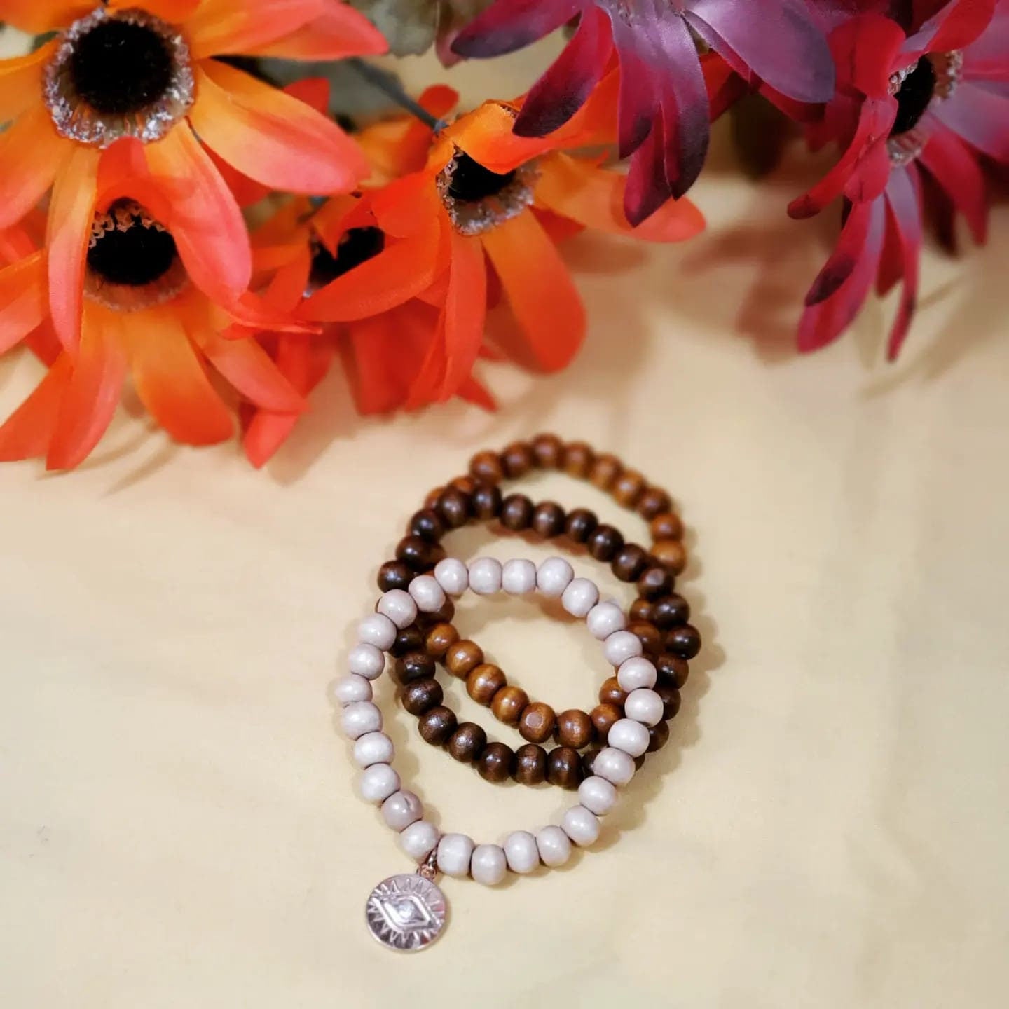 Stretchable Beaded Wooden set of 3 Bracelets