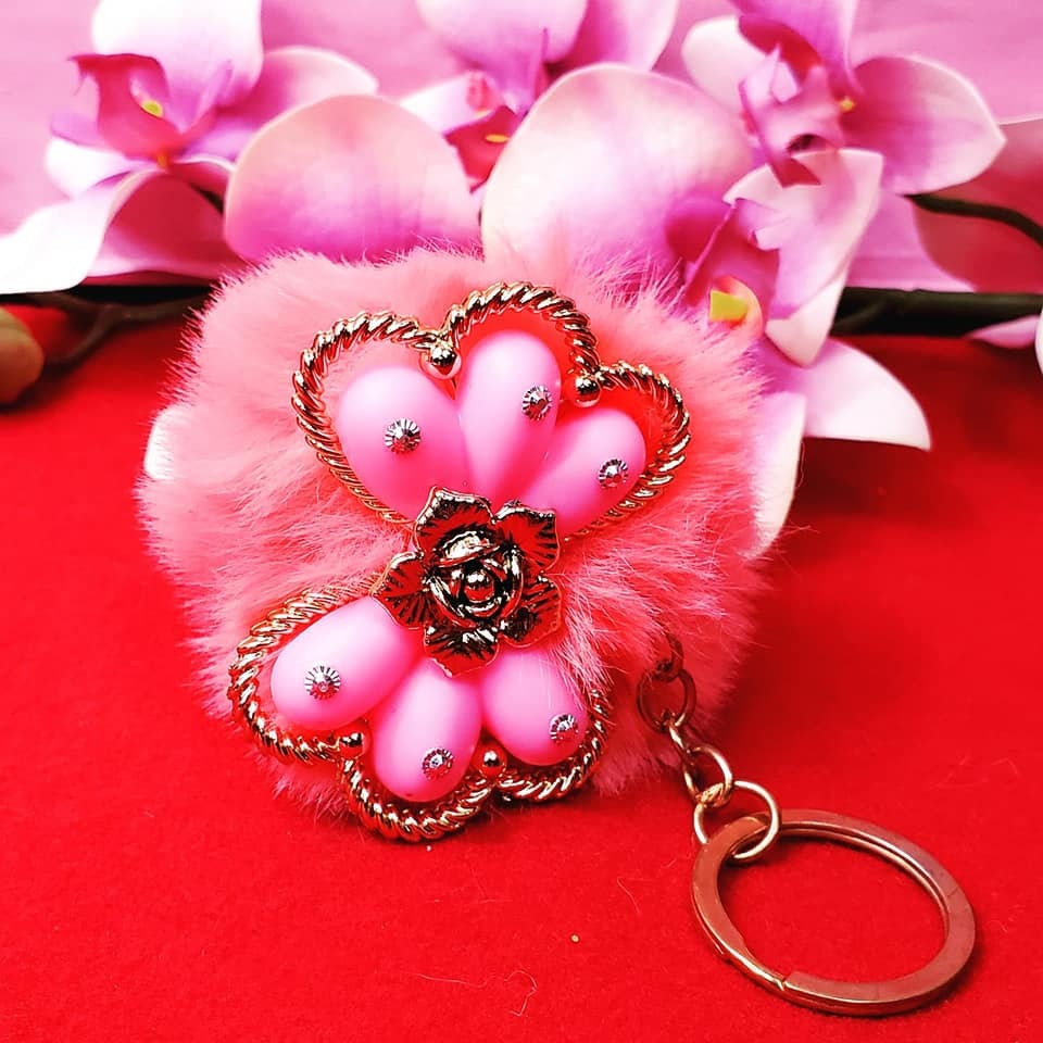 Fuzzy Pompoms with Pink Bow and Golden Flower Keychains