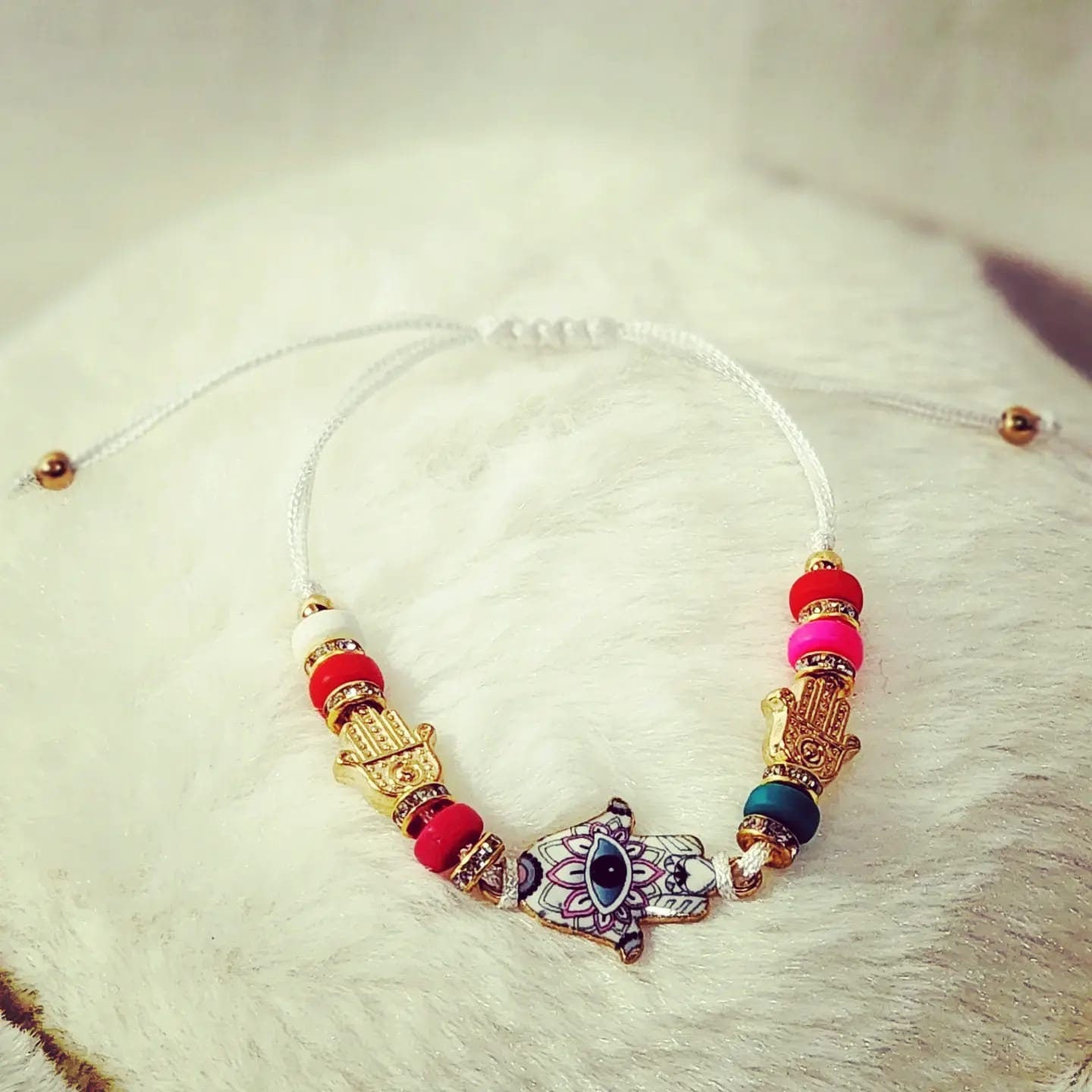 Adjustable Colorful Beaded Hamsa hand Evil Eye with rhinestones