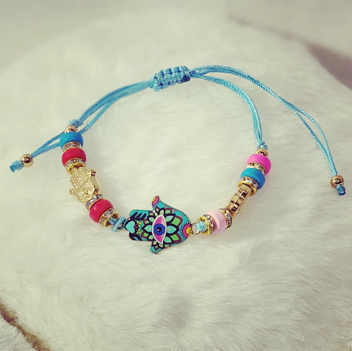 Adjustable Colorful Beaded Hamsa hand Evil Eye with rhinestones