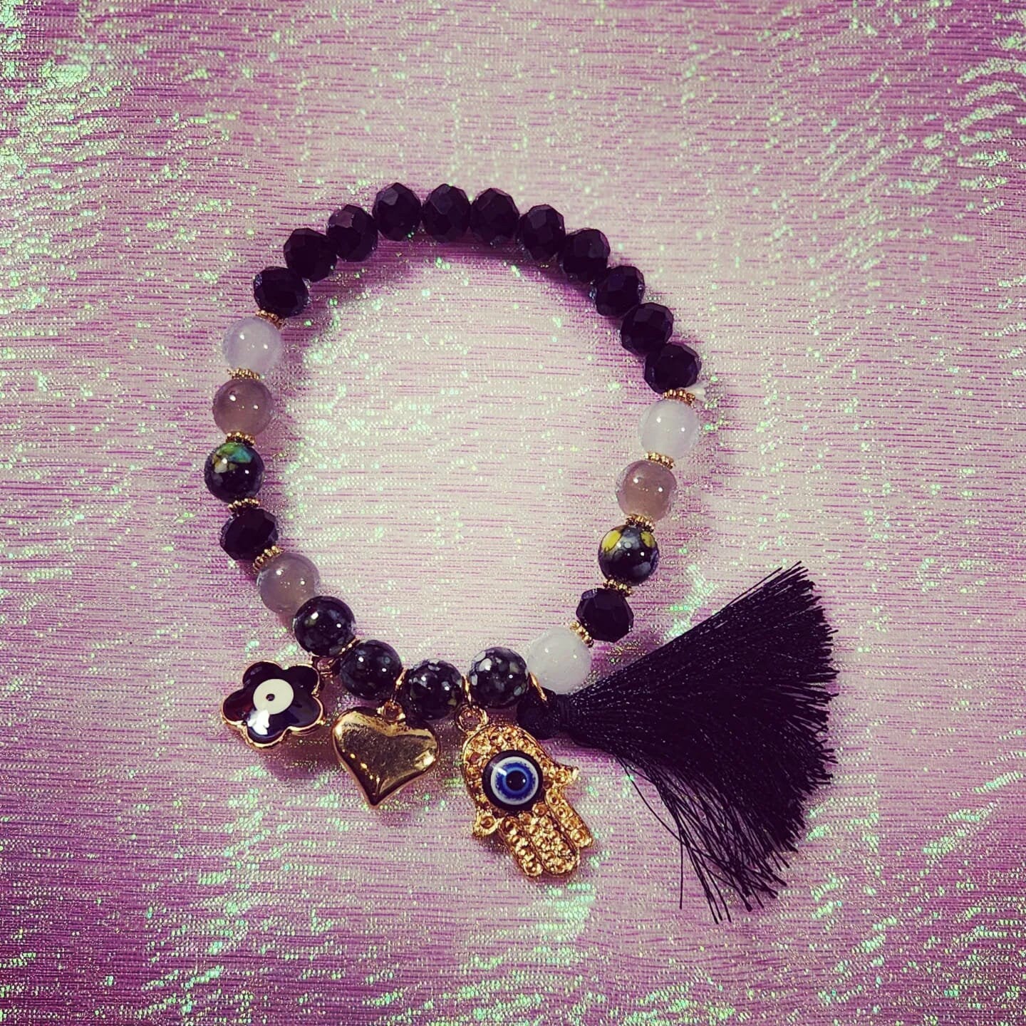 Hamsa Hand, heart,  Evil Eye Flower, Protection Beaded Stretchable with Tassels colorful Bracelets