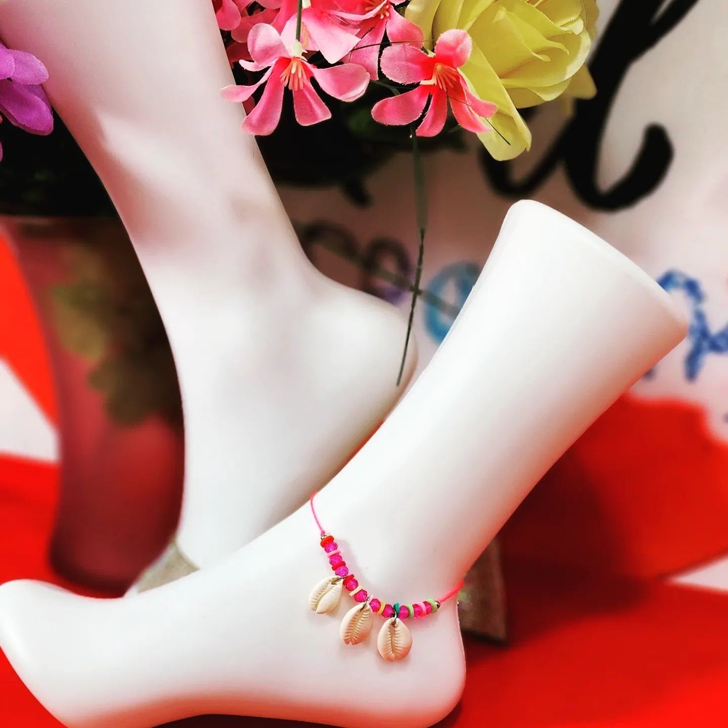 Adjustable Beaded with Seashells hanging Anklet