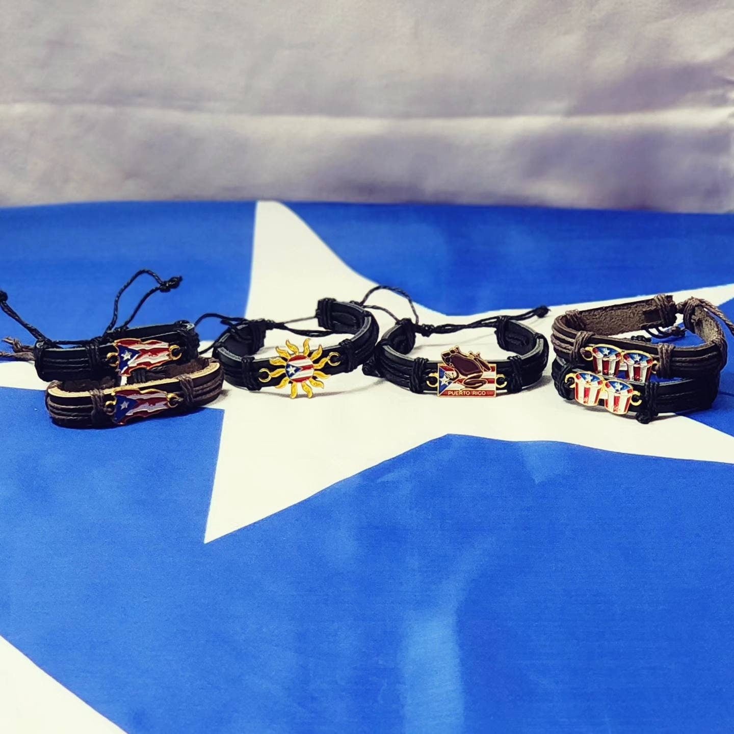 Puerto Rico Flag Leather Adjustable Bracelet