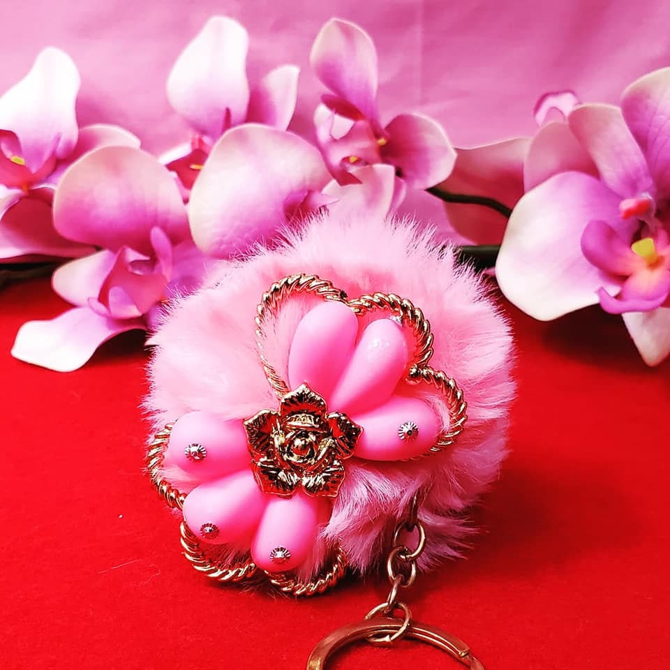 Fuzzy Pompoms with Pink Bow and Golden Flower Keychains