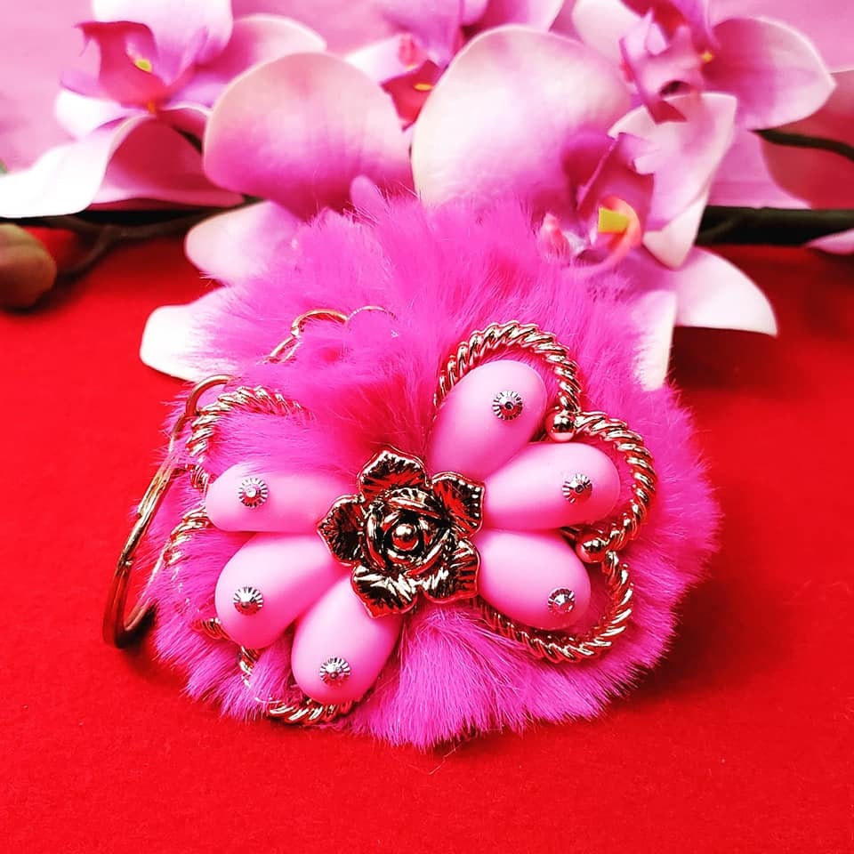 Fuzzy Pompoms with Pink Bow and Golden Flower Keychains