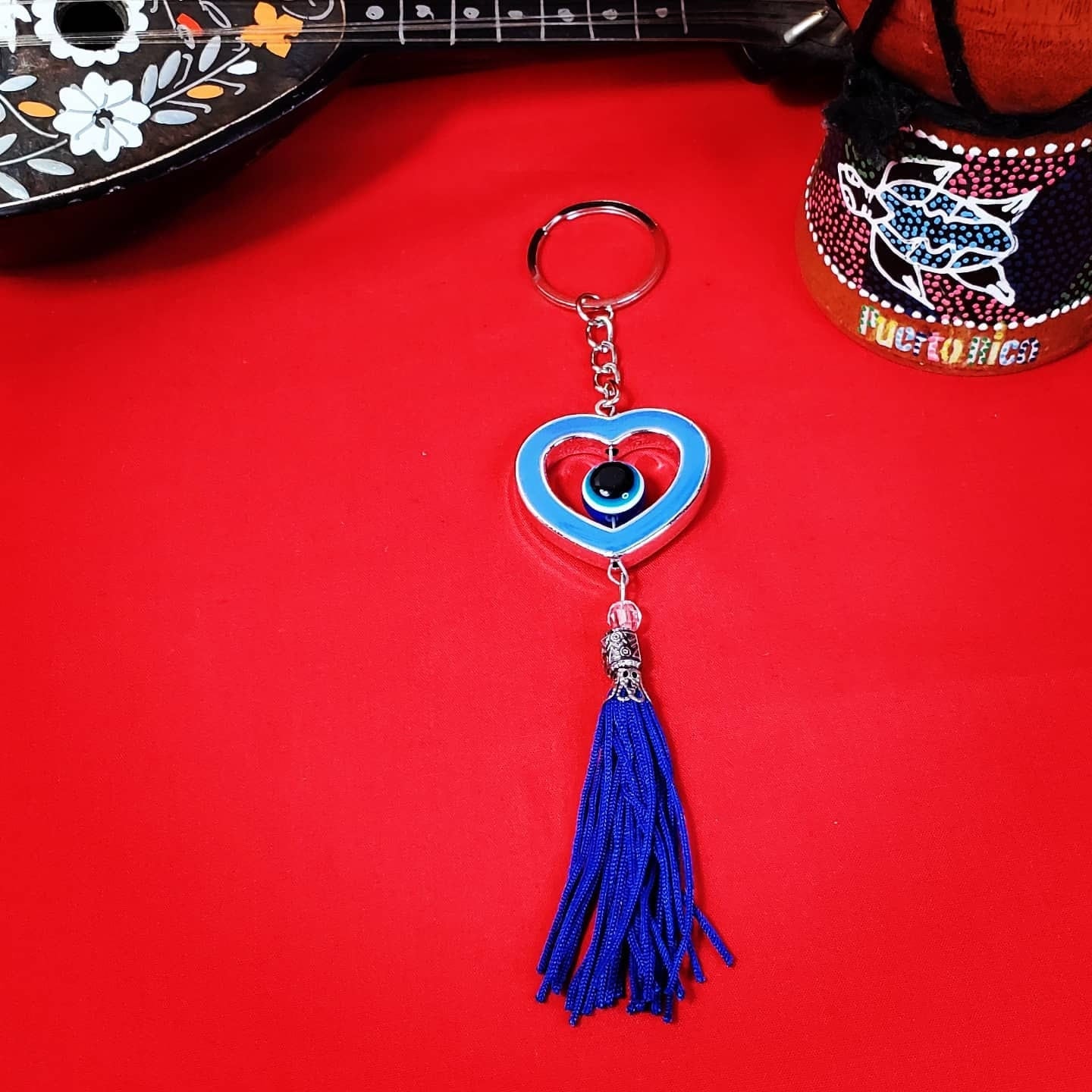 Evil Eye Heart with Blue Tassel Lucky Keychain