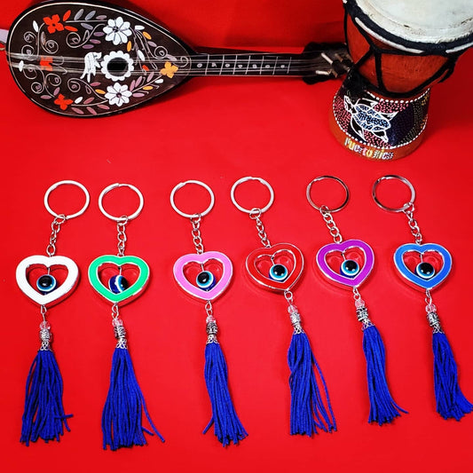 Evil Eye Heart with Blue Tassel Lucky Keychain
