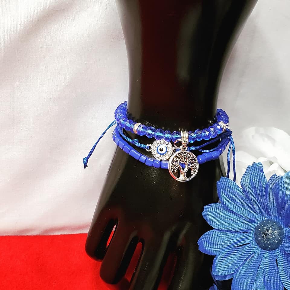 Set of 3 Evil Eye_Tree of Life_Hamsa_Stretchable_Adjustable Bracelets