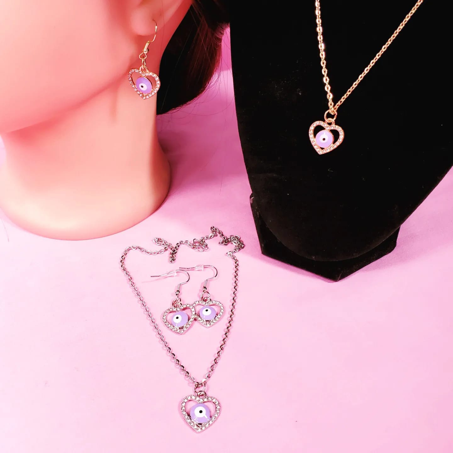 Set of Silver or Gold Evil Eye Heart Shape Necklace & Earrings!