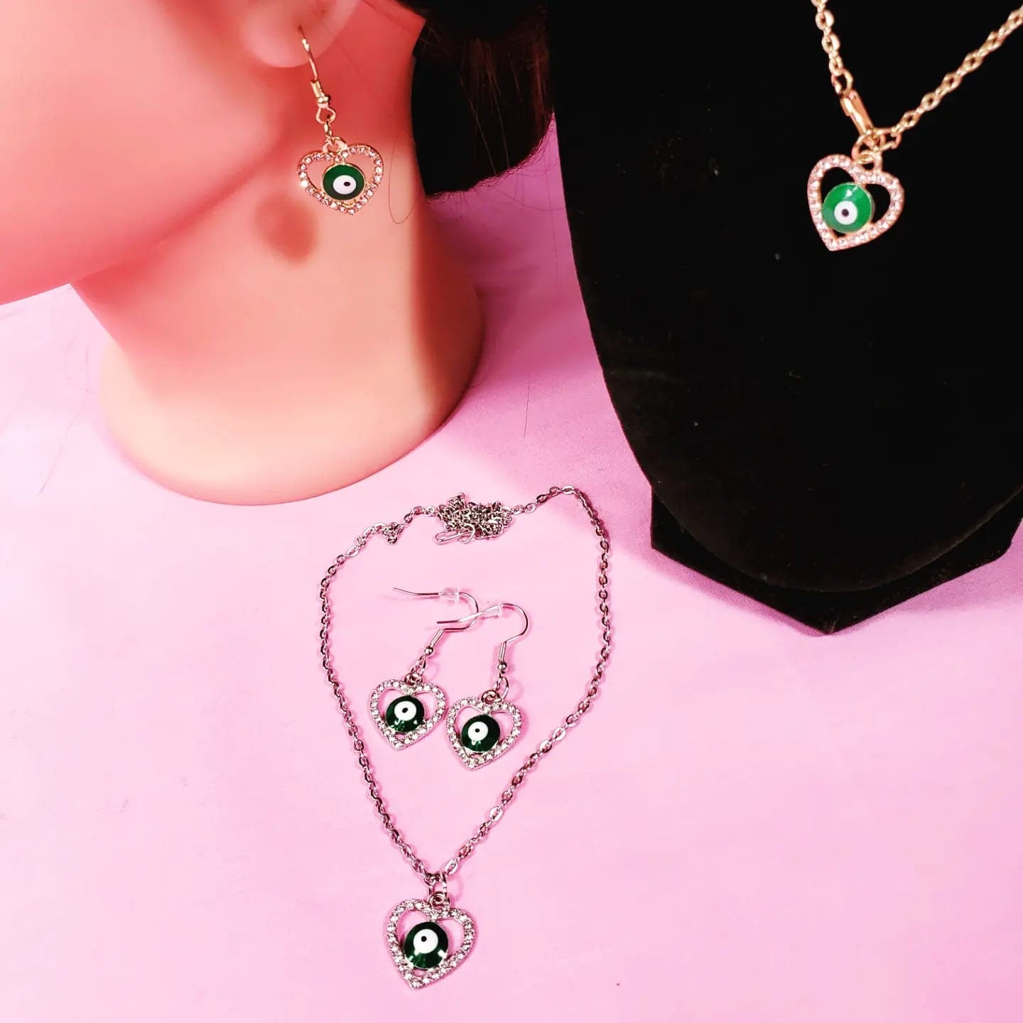 Set of Silver or Gold Evil Eye Heart Shape Necklace & Earrings!