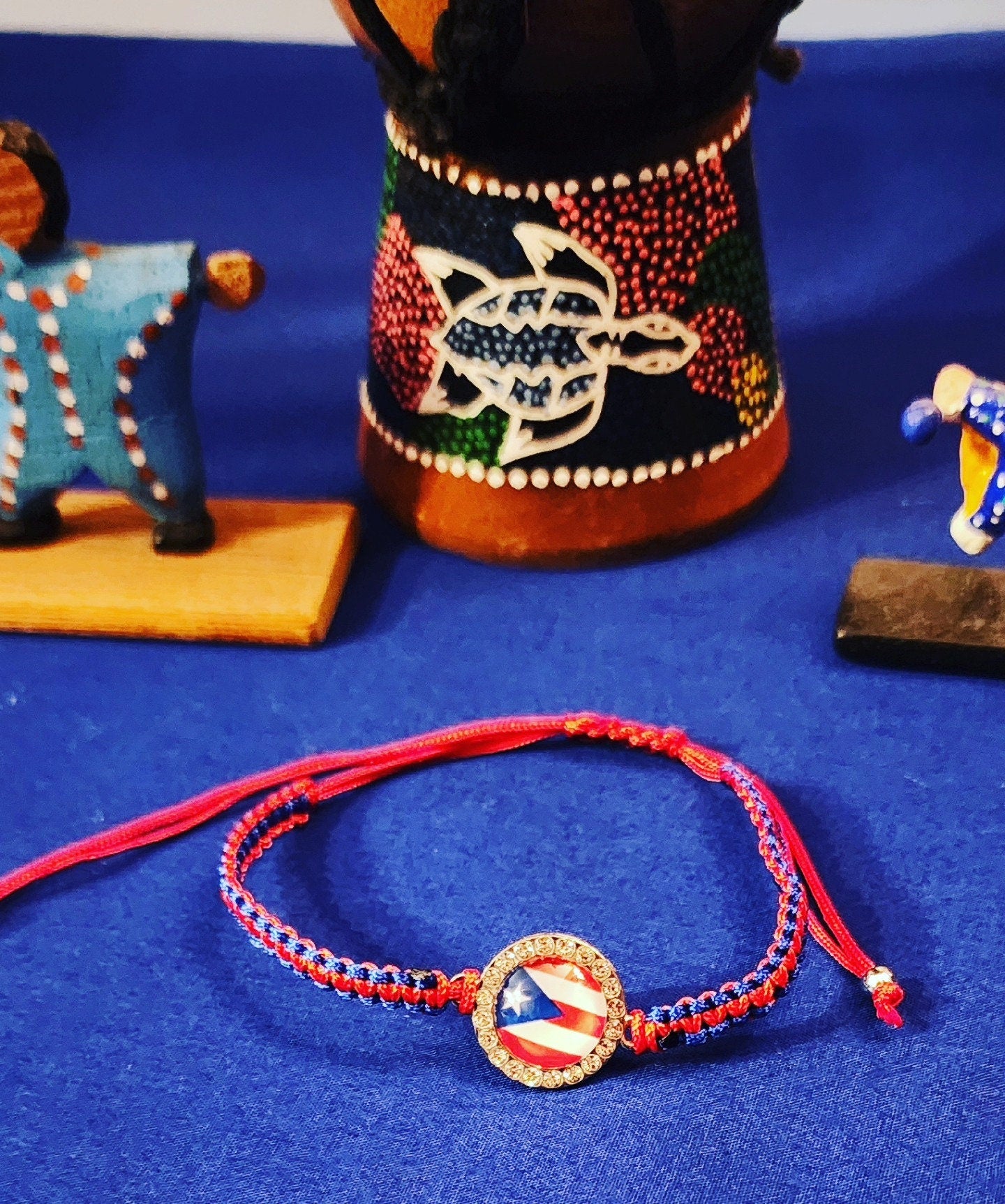 Puerto Rico Flag with Rhinestones Braided Adjustable Bracelet