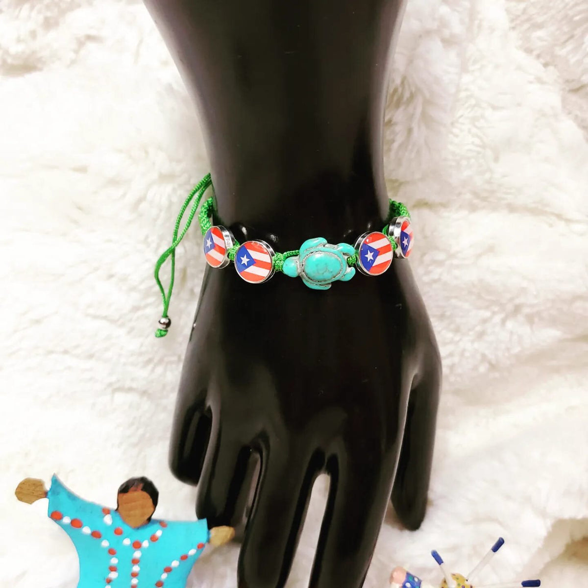 Adjustable 4 Puerto Rico Flag and a Turtle in the Middle Bracelets