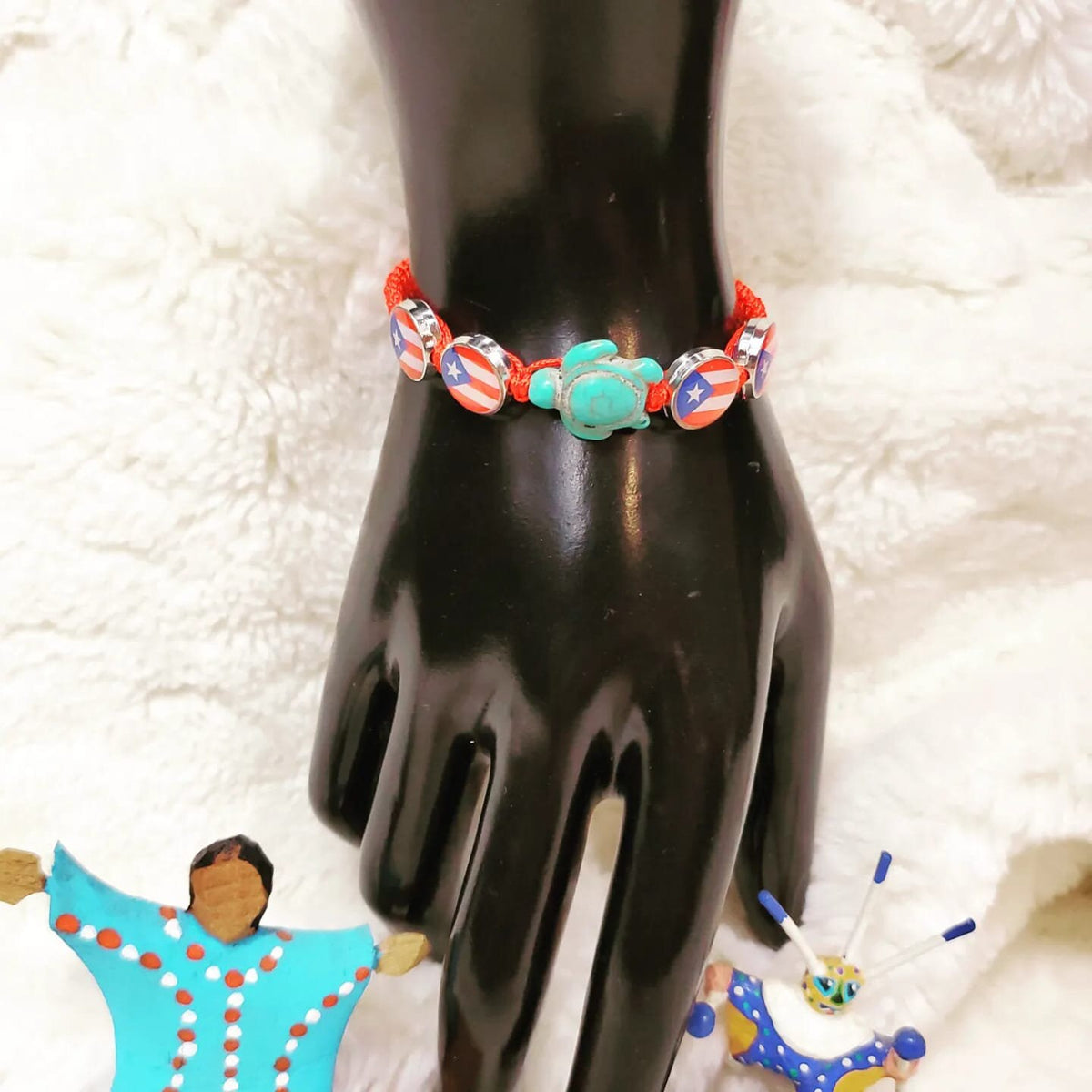 Adjustable 4 Puerto Rico Flag and a Turtle in the Middle Bracelets