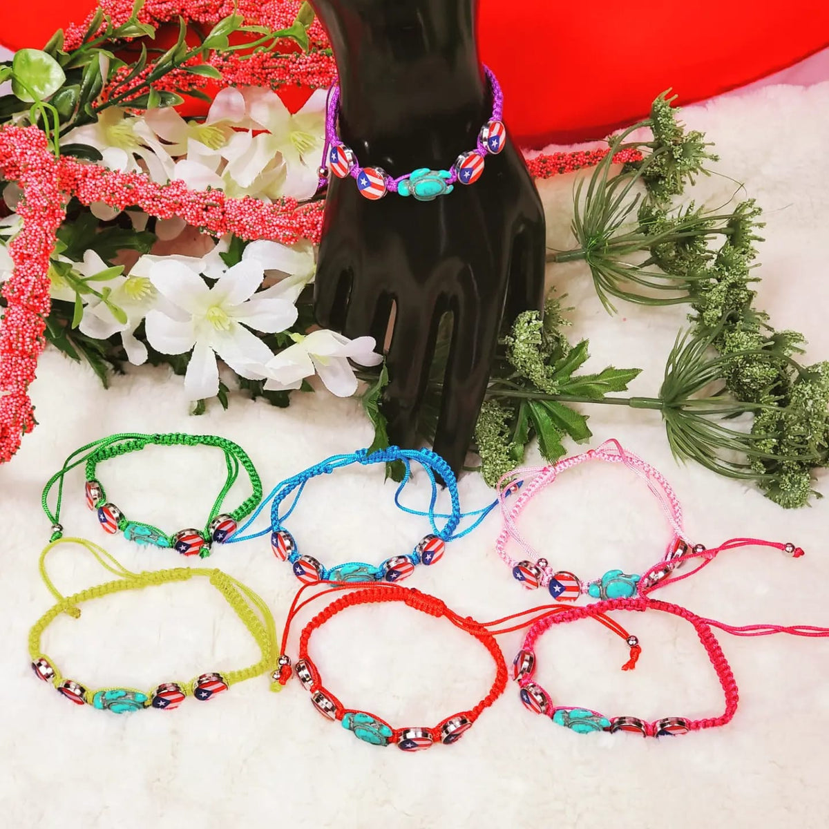 Adjustable 4 Puerto Rico Flag and a Turtle in the Middle Bracelets